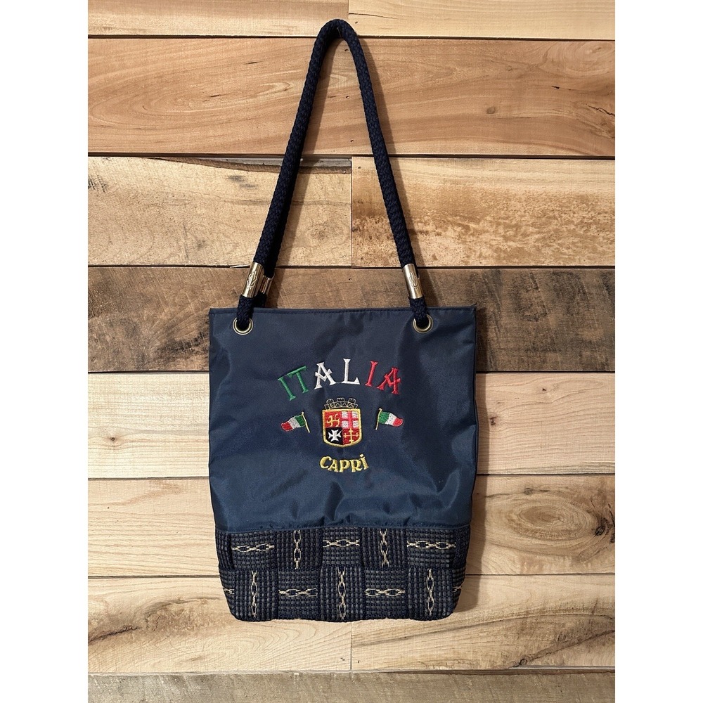 Vintage Italia‎ Capri Navy Blue Nylon Women's Tote Handbag Embroidered Nautical